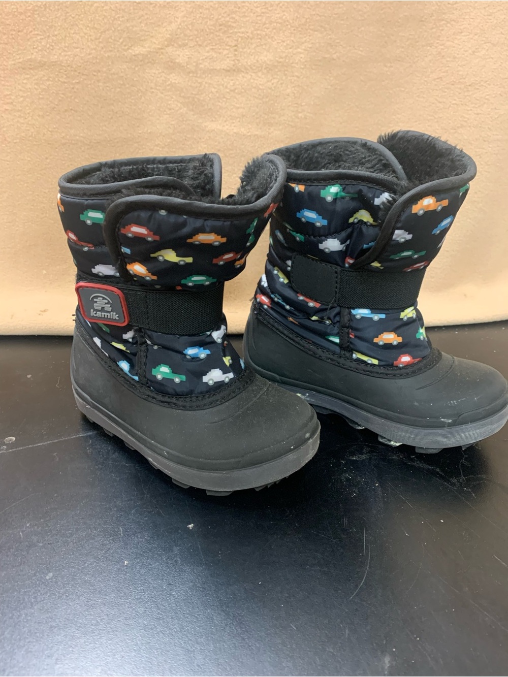 Kamik Black Kids Snow Boots with Multicolored Car Print
